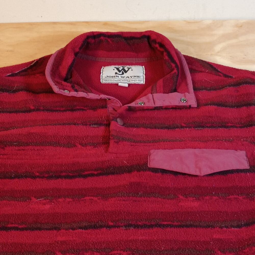 John Wayne Mens XL 46/48 Fleece Pullover Red Striped Quarter Snap Sweater